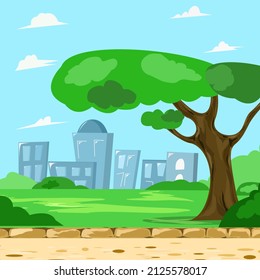 Un parc urbain avec arbres, buissons et maisons.