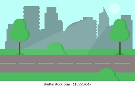 City park and trees. Flat style illustration. On background business city center with skyscrapers and large buildings. Green park vegetation in center of big town