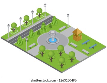 City park with trees fountain and sports ground isometric vector illustration