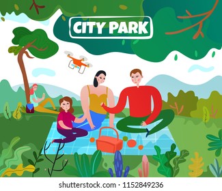 City park with trees lawn parents and children flat vector illustration
