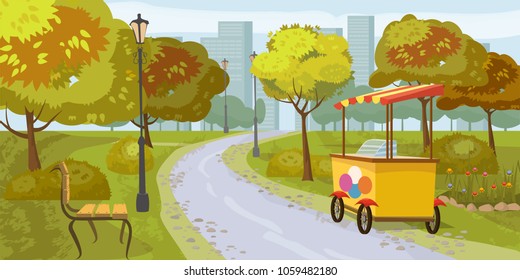 City park, trees, path leading to the city, bench, stall with ice cream, in the background city houses, vector, cartoon style, illustration, isolated