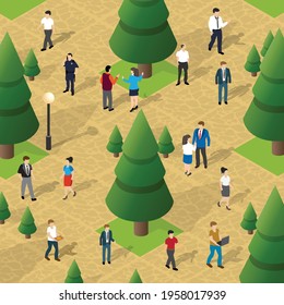 City park with trees and people walking vacationers lifestyle scene urban Isometric 3D illustration for the design and games industry