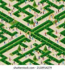 City park with trees and people walking vacationers lifestyle scene urban Isometric 3D illustration for the design and games industry