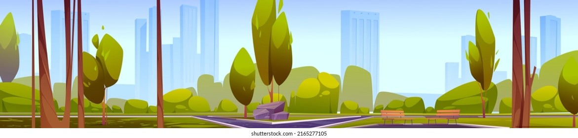 City park with trees, wooden benches, paths and modern town on skyline. Vector cartoon panoramic illustration of summer landscape of empty public garden with green grass and skyscrapers on horizon