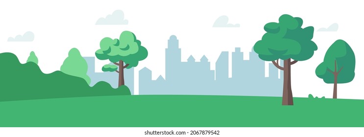 City Park, Urban Garden Summer or Spring Time Scenery Landscape, Cityscape Background, Empty Public Place for Walking and Recreation With Green Trees and Lawn. Cartoon Vector Illustration