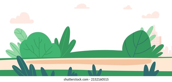 City Park, Urban Garden Summer or Spring Time Scenery Landscape, Cityscape Background, Empty Public Place for Walking and Recreation With Green Bushes and Lawn. Cartoon Vector Illustration