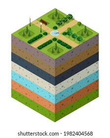 City park urban landscapeSoil layers geological and underground beneath nature landscape isometric slice