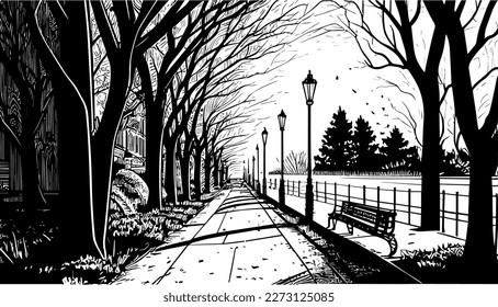 City park vector black line illustration art isolated white