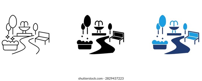 City park vector icon set showing water fountain, wooden bench, pathway, and trees. Represents urban garden design, public parkland, municipal recreation, outdoor leisure space, and landscape scenery.