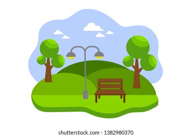 City park vector illustration with bench, trees, plants in flat design. Green landscape.