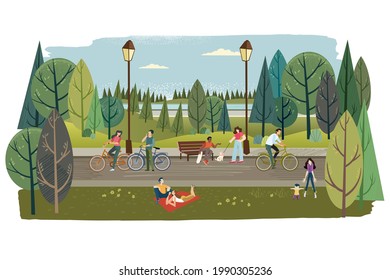 City park. Vector illustration on the topic of nature, healthy living, ecology, staying in nature, landscaping, recreation, travel for web banner and background, poster, card, marketing material. 