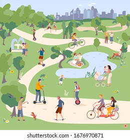 City Park vector illustration, people in city parkland ride bike, monocycle, Segway, skateboard and scooter. Family have picnic. Man playing with pet. Man and woman jogging outdoor. Female holds child