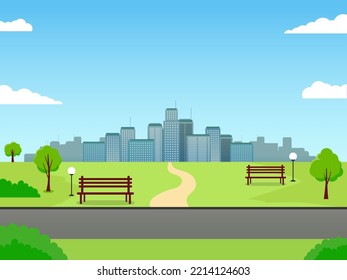 City park vector with skyscraper building and blue sky suitable for background or illustration