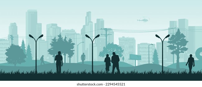 City park vintage banner colorful with silhouettes of people enjoying walk in central park located among skyscrapers vector illustration