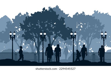 City park vintage banner colorful with silhouettes of people resting in park in evening among trees and lanterns vector illustration