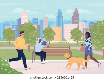 City park with visitors flat color vector illustration. Dog walking. Sustainable neighborhood. People enjoying weather in green space 2D simple cartoon characters with cityscape on background