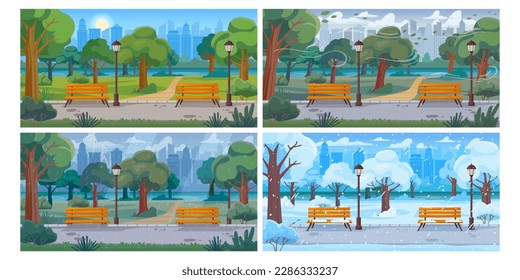 City park weather background. Urban climate sunny, rainy, windy and snowy day. Town alley cartoon vector illustration set. Different seasons summer, autumn, winter, spring, outside nature