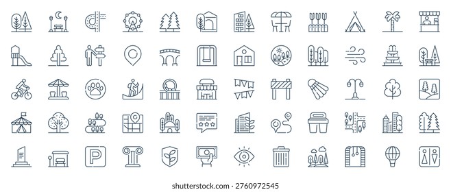 City park web icons set in line stroke design. Outline pictogram pack of trees, bench, roads, ferris wheel, street cafe, playground, direction pointer, bridge, urban route, more. Vector illustration.