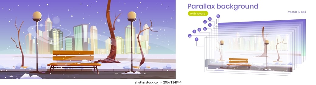 City park with white snow, wooden bench, trees and lanterns in winter. Vector parallax background for 2d animation with cartoon snowy landscape of empty public garden with town on horizon