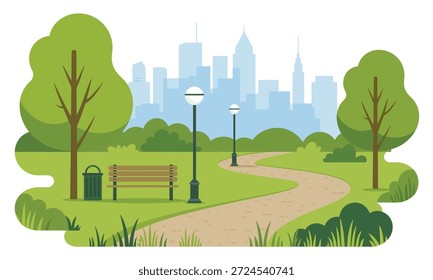 Parque de la ciudad con poste de luz de banco de camino sinuoso y silueta de horizonte distante