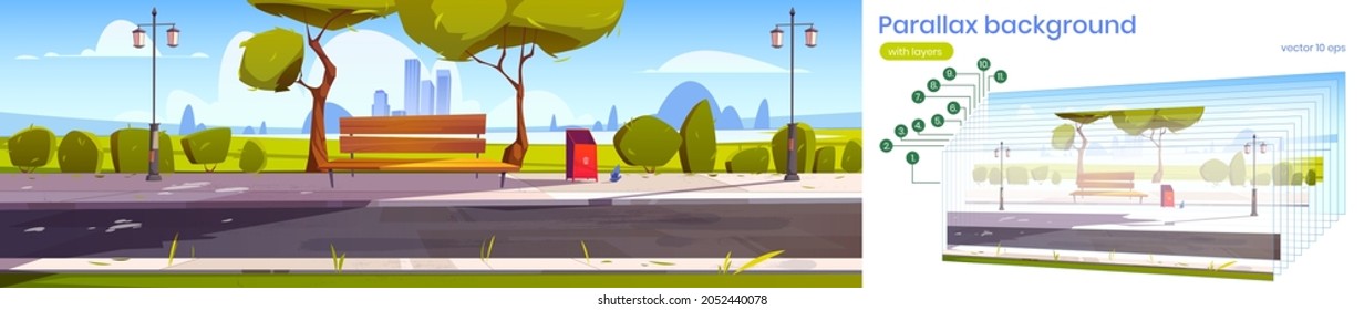 City park with wooden bench, lanterns, green trees and grass. Vector parallax background for 2d animation with cartoon summer landscape of empty public garden with town buildings on horizon