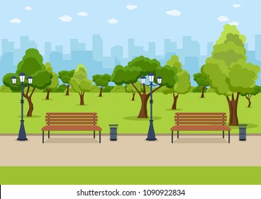 City Park wooden bench, lawn and trees, trash can. Walkway and Street light. Town and city park landscape nature. Vector illustration