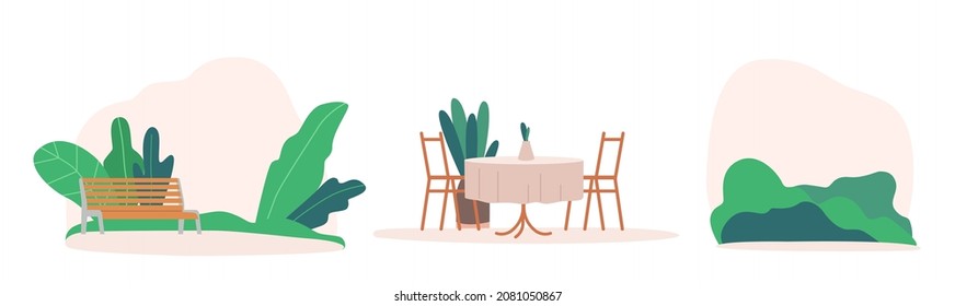 Parque de la ciudad con banco de madera, Mesa de restaurante con sillas, Paisaje de verano aislado de fondo blanco. Lugares públicos para pasear y salir, áreas urbanas. Ilustración del vector de dibujos animados