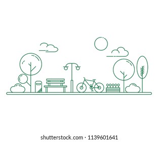 City park and wooden bench. Thin line art style illustration. Green urban public park.