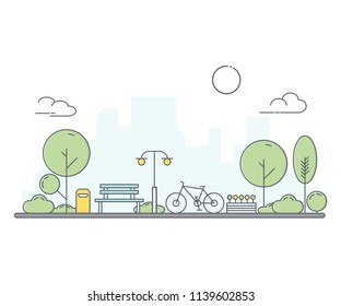 City park and wooden bench. Thin line art style illustration. Green urban public park.