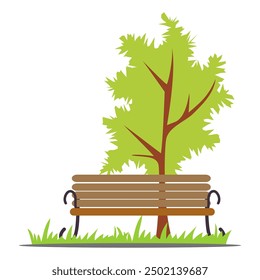 City park with wooden bench and trees. Summer or spring colorful cityscape background. Urban garden, backyard, countryside landscape for relaxing. Flat vector illustration isolated on white.