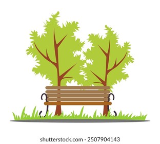 City park with wooden bench and trees. Summer or spring colorful cityscape background. Urban garden, backyard, countryside landscape for relaxing. Flat vector illustration isolated on white.