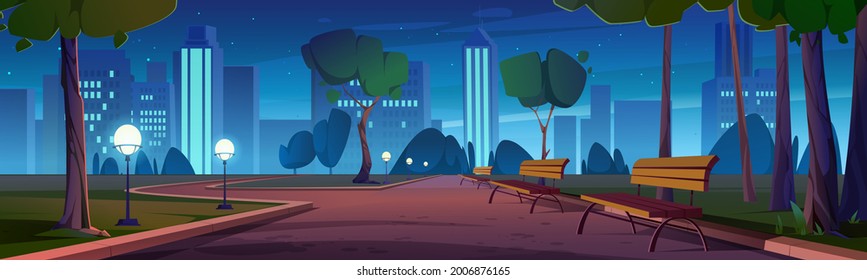 City Park With Wooden Benches, Green Trees And Grass, Lanterns And Town Buildings On Skyline At Night. Vector Cartoon Summer Landscape With Empty Public Garden With Street Lights And Seats At Evening