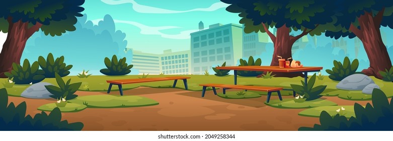 City park with wooden picnic table and benches, green trees, grass with flowers and town buildings on skyline. Vector cartoon summer landscape of empty public garden with food and drink on table - Shutterstock ID 2049258344
