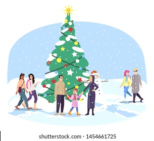City park  Xmas tree flat vector illustration. Winter festival decorations. Cartoon family have fun, walking at outdoor Christmas fir tree characters. Urban, town, village New Year fair