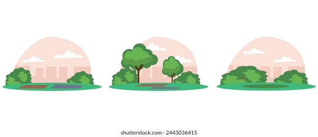 City Park with Yoga Mats on Grass, Urban Garden Place for Meditation and Outdoor Sport, Summer Landscape Background, Empty Public Area for Recreation With Trees and Lawn. Cartoon Vector Illustration