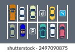 City parking lot with different cars. Shortage parking spaces. Parking zone top view with various vehicles. Vector illustration in flat style