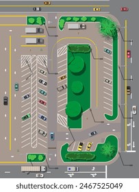 City parking lot with different cars. Shortage parking spaces. Parking zone top view with various vehicles. Sedan, roadster, suv, sport car, pickup. Transport. Vector illustration in flat style