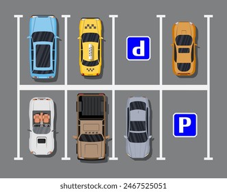 Stadtparkplatz mit verschiedenen Autos. Mangel an Parkplätzen. Parkzone Draufsicht mit verschiedenen Fahrzeugen. Limousine, Roadster, SUV, Sportwagen, Pickup. Vektorillustration im flachen Stil