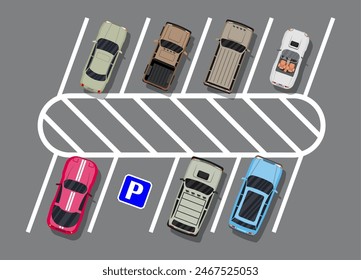 City parking lot with different cars. Shortage parking spaces. Parking zone top view with various vehicles. Sedan, roadster, suv, sport car, pickup. Vector illustration in flat style