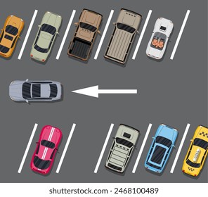 City parking lot with different cars. Shortage parking spaces. Parking zone top view with various vehicles. Sedan, roadster, suv, sport car, pickup. Vector illustration in flat style