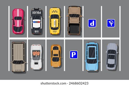 Stadtparkplatz mit verschiedenen Autos. Mangel an Parkplätzen. Parkzone Draufsicht mit verschiedenen Fahrzeugen. Limousine, Roadster, SUV, Sportwagen, Pickup. Vektorillustration im flachen Stil