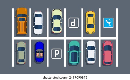 City parking lot with different cars. Shortage parking spaces. Parking zone top view with various vehicles. Vector illustration in flat style