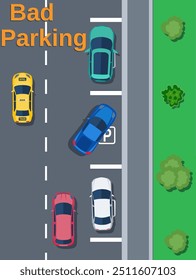 City parking lot with different cars. Shortage parking spaces. Parking zone top view with vehicles. Bad or wrong car parking. Traffic regulations. Rules of the road. Vector illustration in flat style