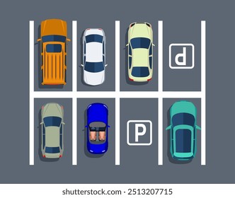 Estacionamento com carros diferentes. Espaços de estacionamento de falta. Vista superior da zona de estacionamento com vários veículos. Ilustração vetorial em estilo plano