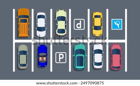 City parking lot with different cars. Shortage parking spaces. Parking zone top view with various vehicles. Vector illustration in flat style