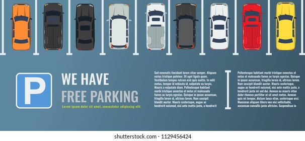 City parking lot with a group of different cars top view. Public car-park. Vector Flat illustration for web or poster banner.
