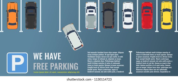 City parking lot with a group of different cars top view. Public car-park. Vector Flat illustration for web or poster banner.
