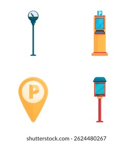 Ícones de estacionamento da cidade definem o vetor de desenhos animados. Equipamento de estacionamento urbano. Infraestruturas de transportes