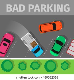 City parking vector web banner. Flat style. Shortage parking spaces. Large number of cars in a crowded parking. Urban infrastructure and car boom. Bad parking