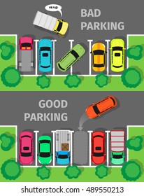 City parking vector web banner. Flat style. Shortage parking spaces. Large number of cars in a crowded parking. Urban infrastructure and car boom. Bad and good parking
